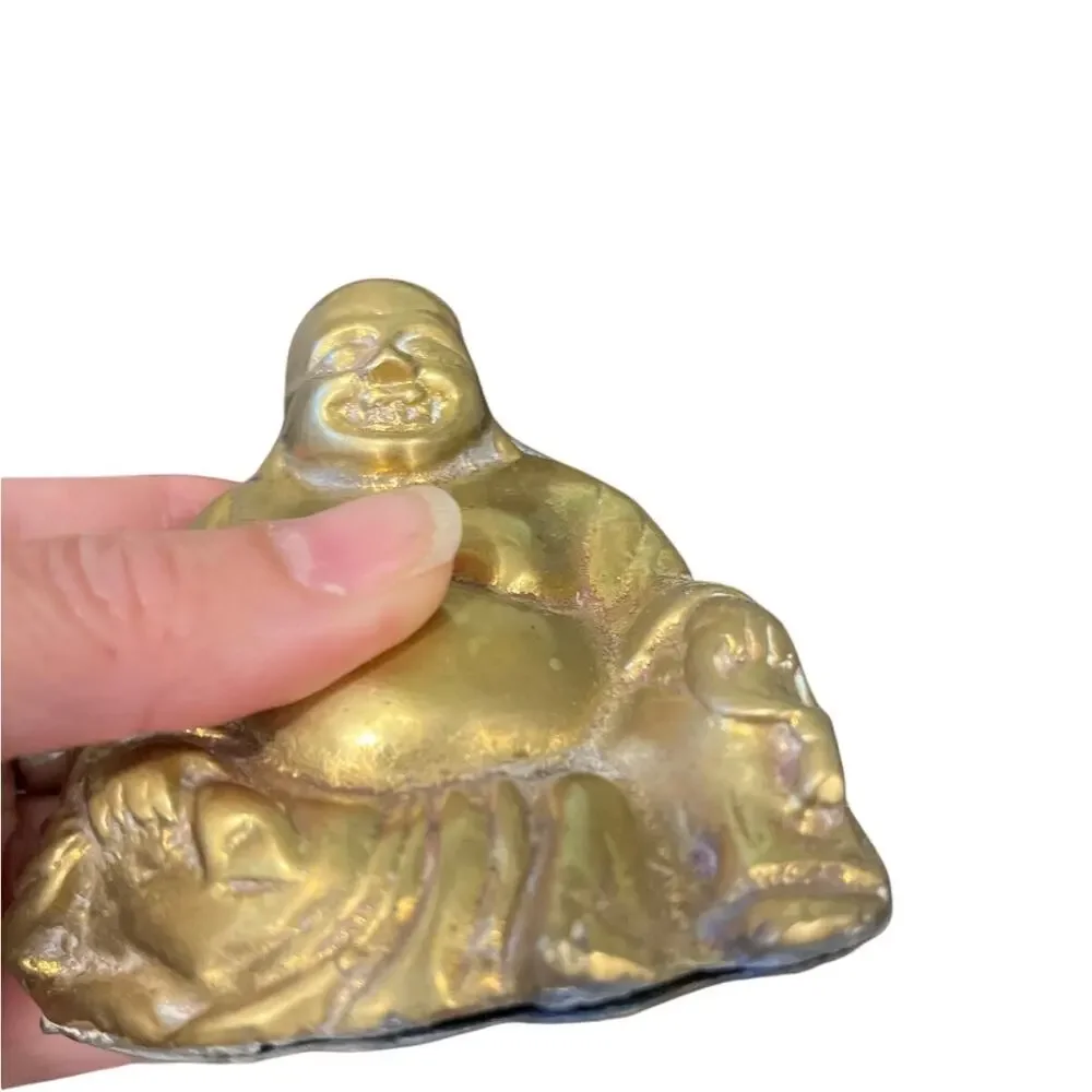 Vintage Brass Laughing Buddha Statue Small Sitting Figurine Feng Shui Boho Decor